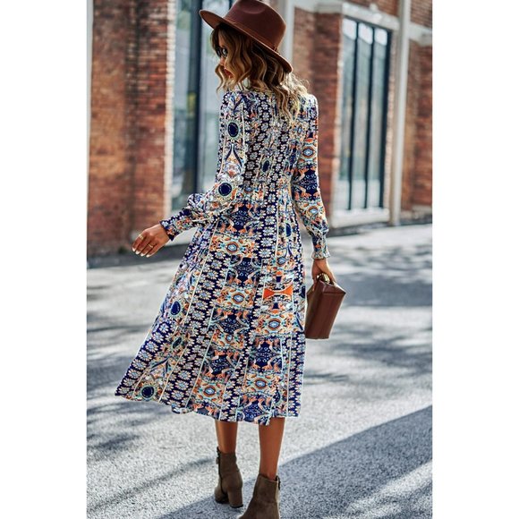 Patchwork Smocked Puff Sleeve Tiered Midi Dress - Picture 2 of 15